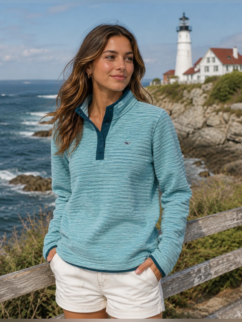 Vineyard Vines Coastal Ribbed Seafoam Blue Green 1/4 button pullover. Size Small
